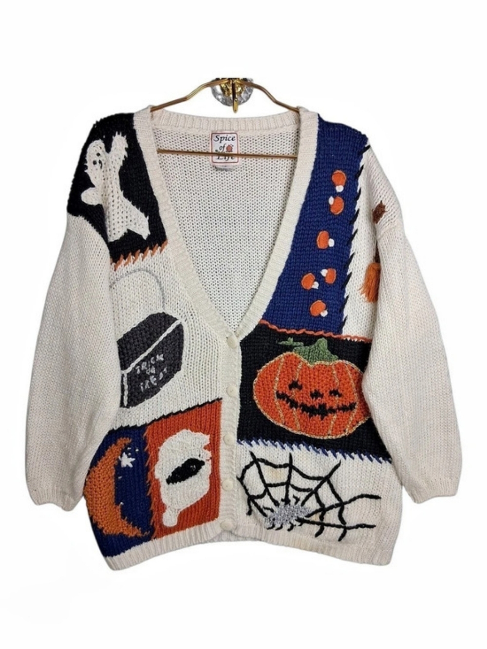 Spice of Life Vintage 90s Halloween Cardigan Sweater Patchwork Pumpkin Ghost M
